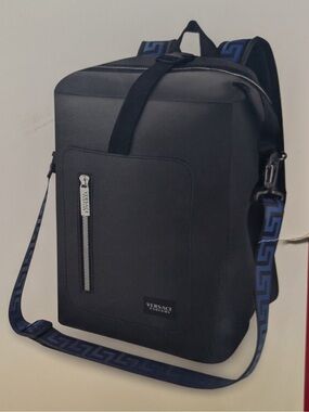 Versace Black Backpack with Blue Logo-Trim Strap